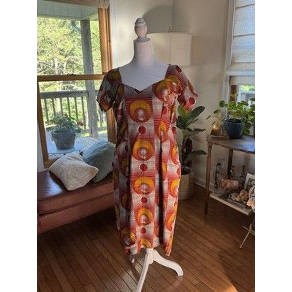 Handmade African Wax Print Artisan Midi Dress Pockets Red Yellow Ankara Medium